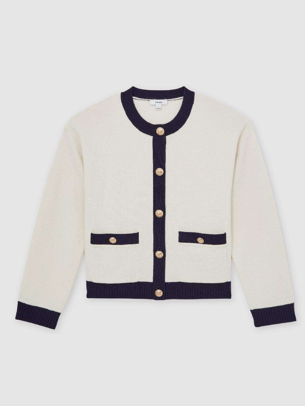 Reiss Wool-Cashmere Crew-Neck Cardigan In Cream/Navy