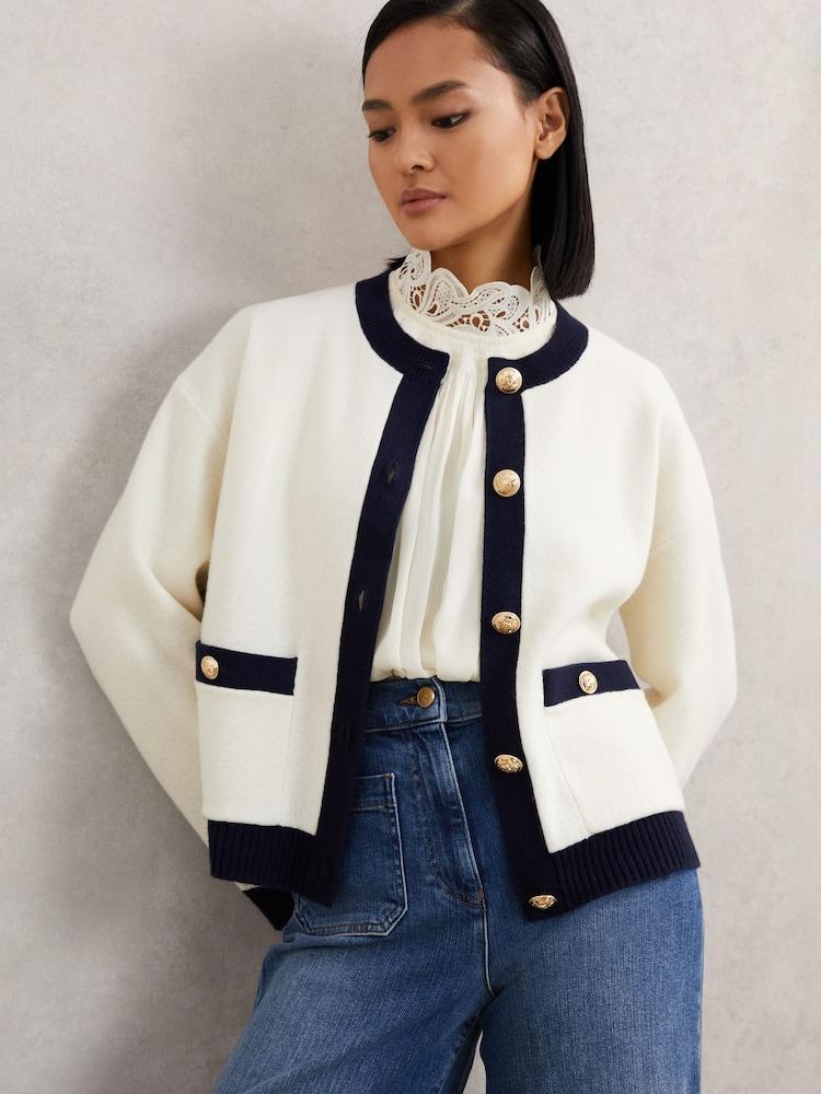 reiss Wool-Cashmere Crew-Neck Cardigan in Cream/Navy