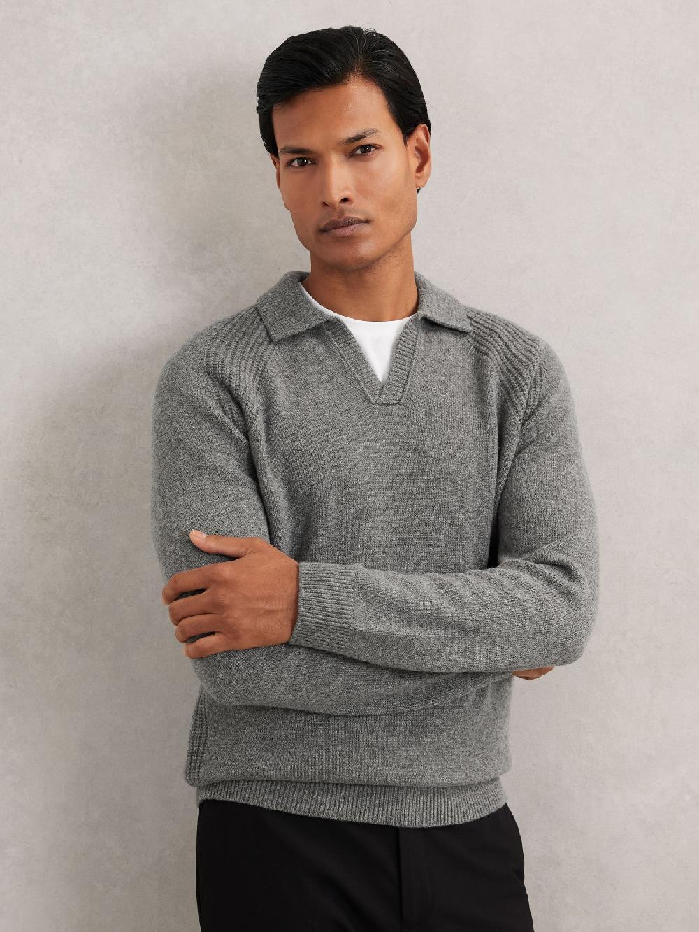 Reiss Wool-Cashmere Open-Collar Jumper In Mid Grey Melange