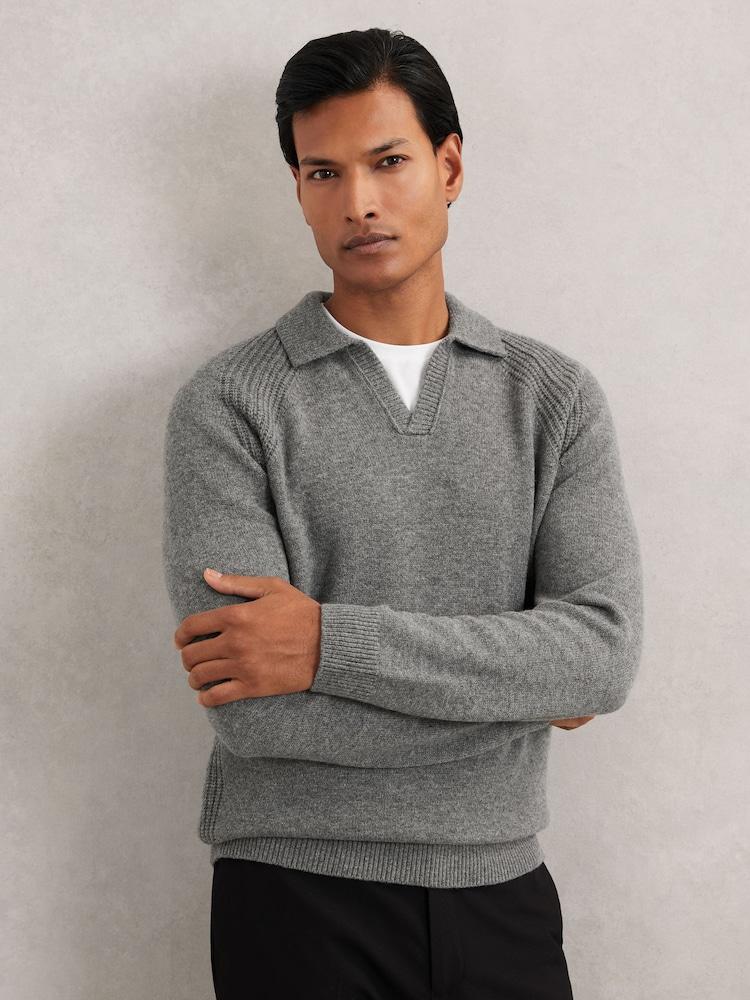 reiss Wool-Cashmere Open-Collar Jumper in Mid Grey Melange