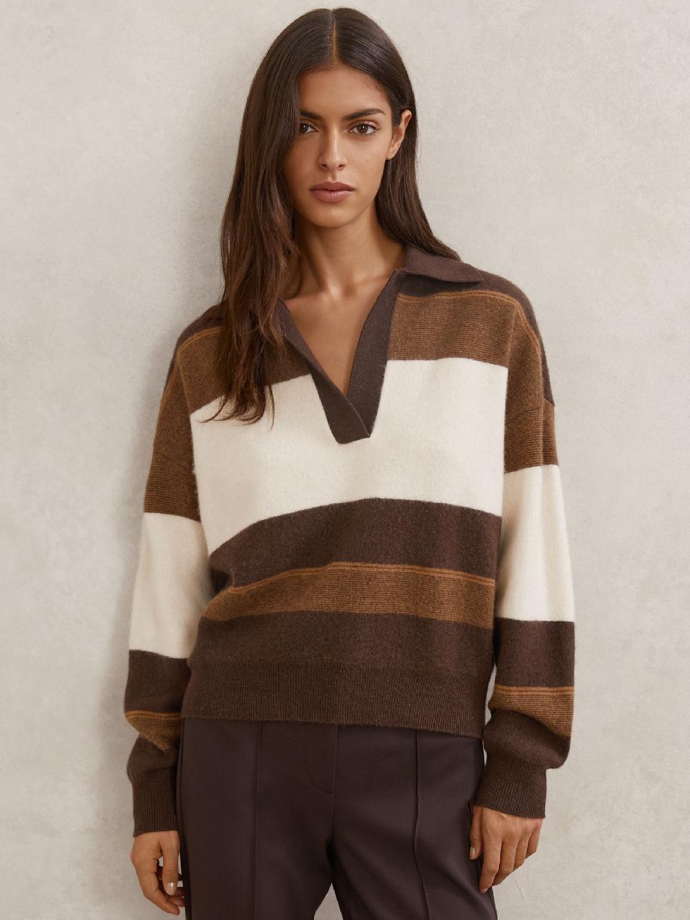 Reiss Wool-Cashmere Stripe Collared Jumper In Chocolate/Cream