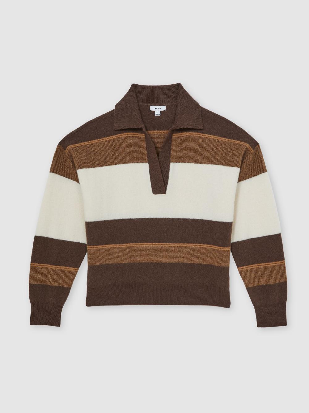Reiss Wool-Cashmere Stripe Collared Jumper In Chocolate/Cream