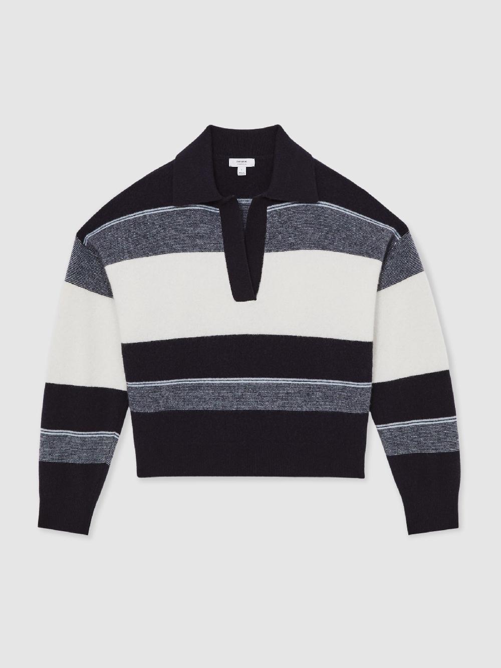Reiss Wool-Cashmere Stripe Collared Jumper In Navy/Cream