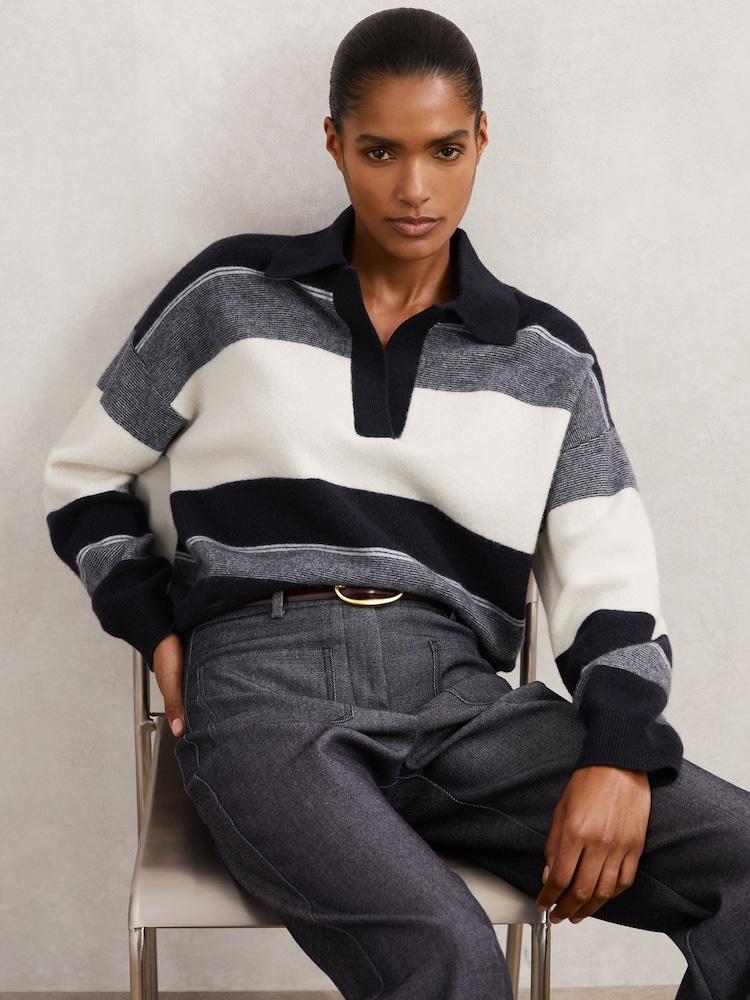 reiss Wool-Cashmere Stripe Collared Jumper in Navy/Cream