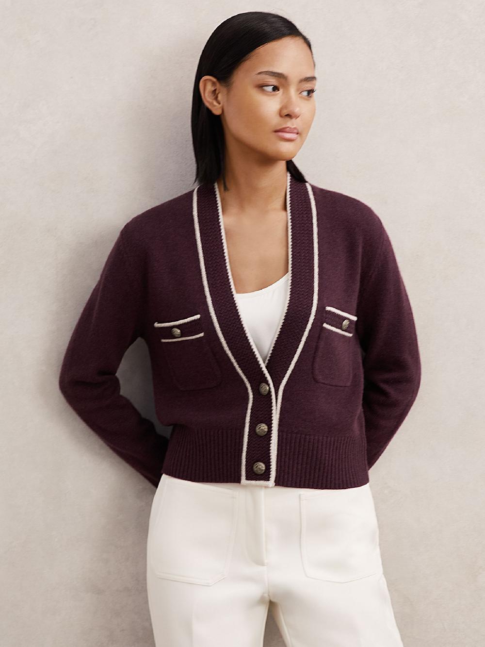 Reiss Wool-Cashmere Tipped V-Neck Cardigan In Burgundy/Neutral