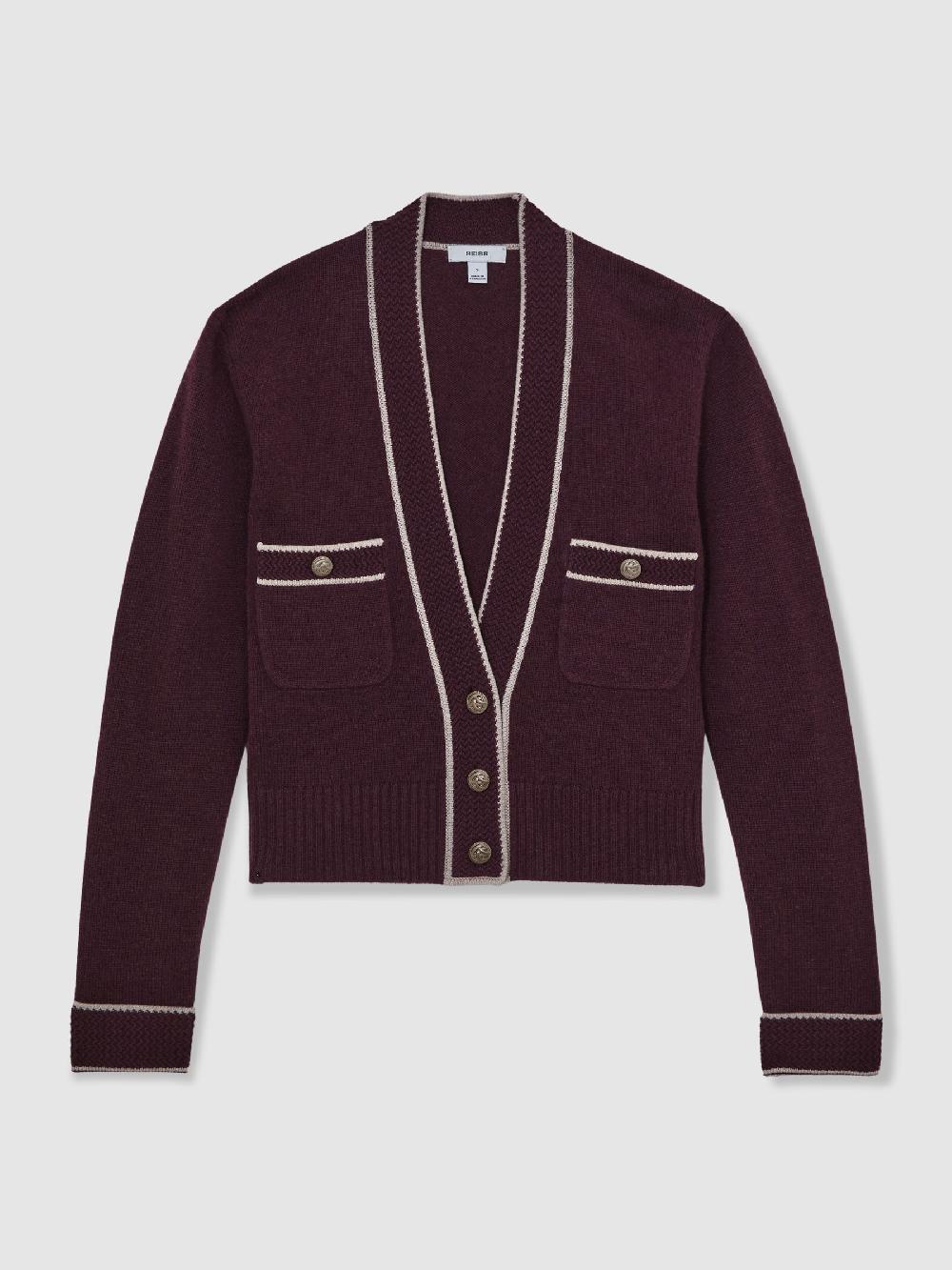 Reiss Wool-Cashmere Tipped V-Neck Cardigan In Burgundy/Neutral