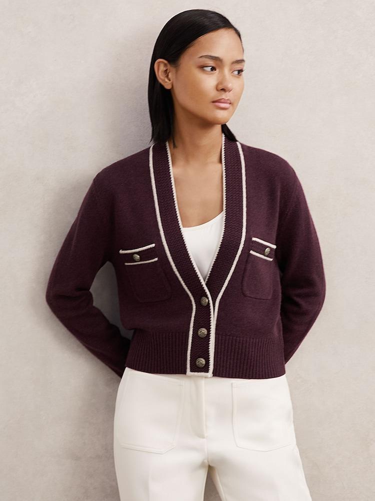 reiss Wool-Cashmere Tipped V-Neck Cardigan in Burgundy/Neutral