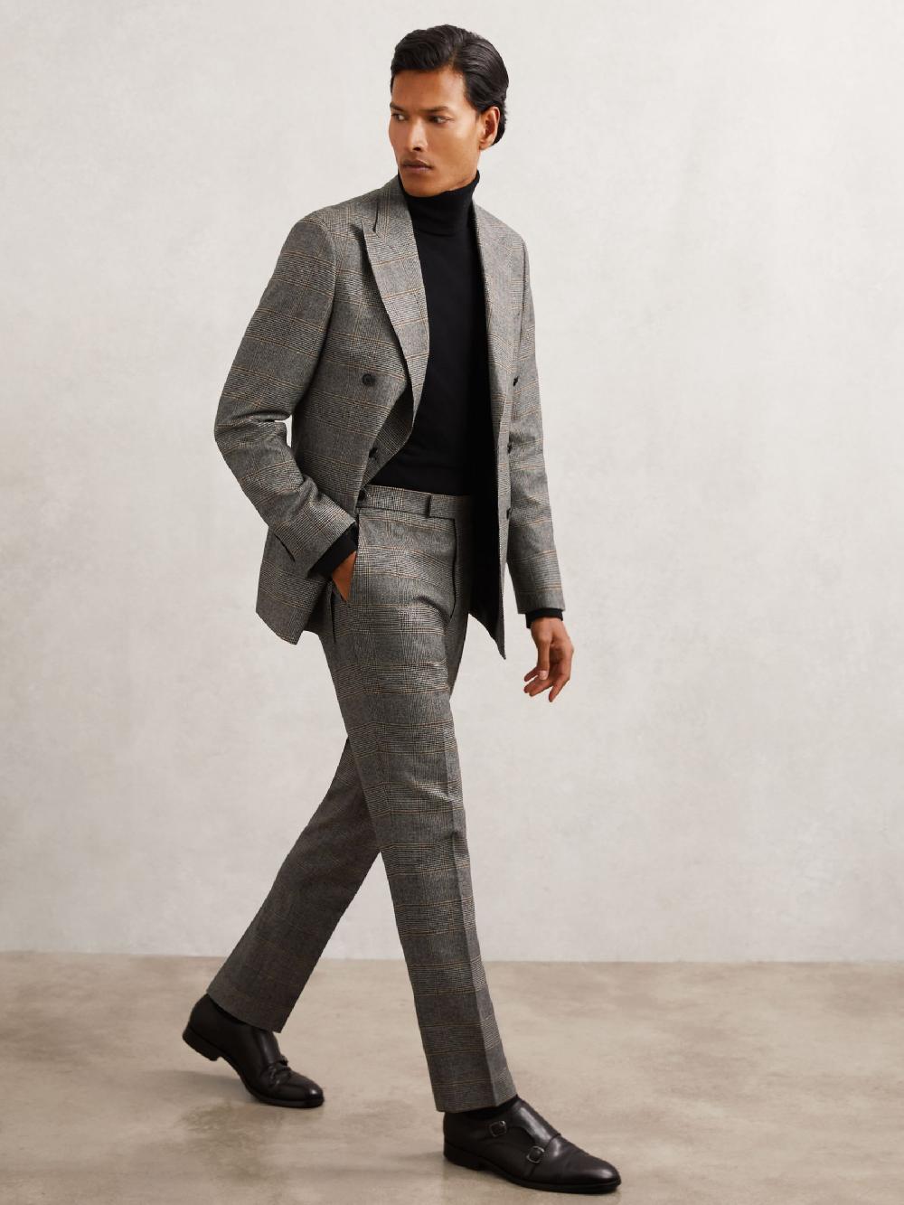 Reiss Wool Check Tailored-Fit Suit Trousers In Charcoal Grey