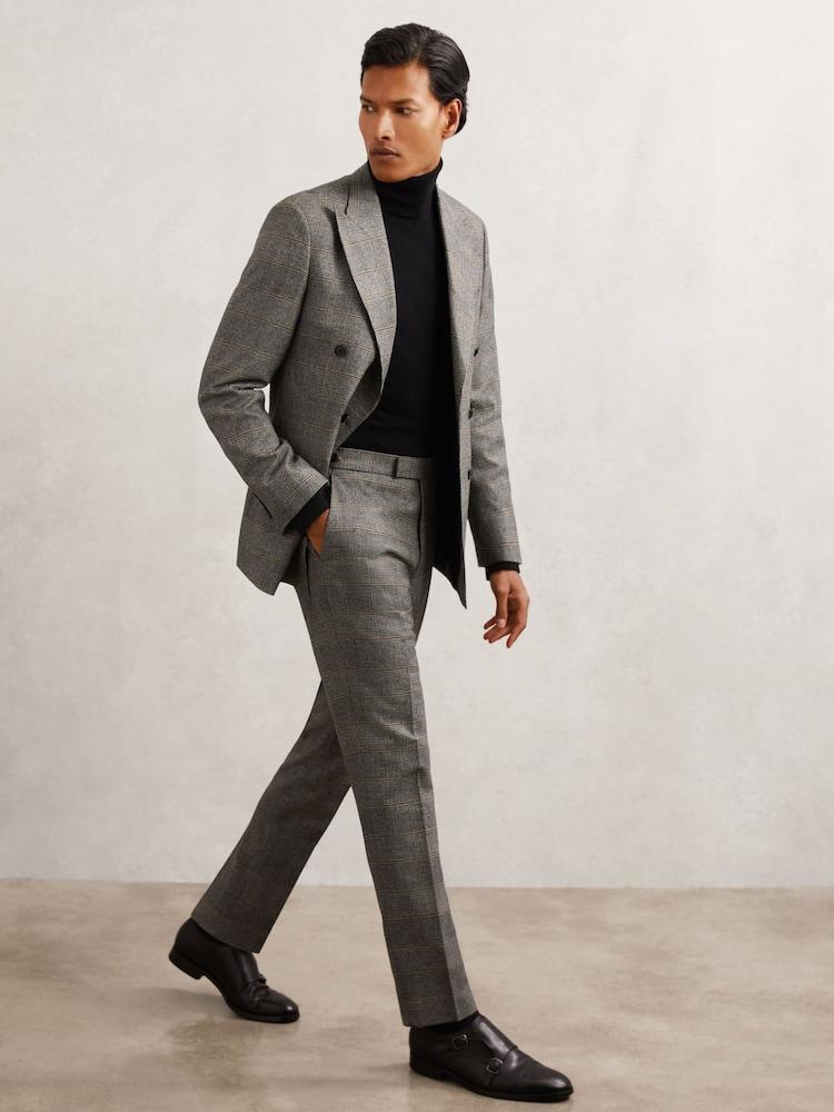 reiss Wool Check Tailored-Fit Suit Trousers in Charcoal Grey