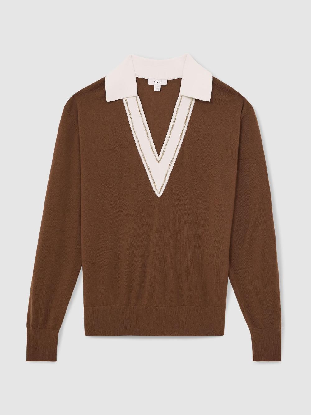 Reiss Wool Collared Cricket Jumper In Chocolate Brown/Ivory