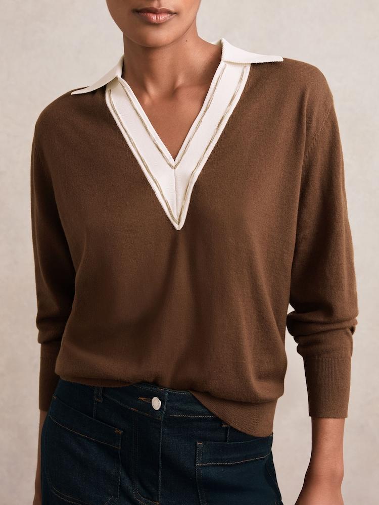 reiss Wool Collared Cricket Jumper in Chocolate Brown/Ivory