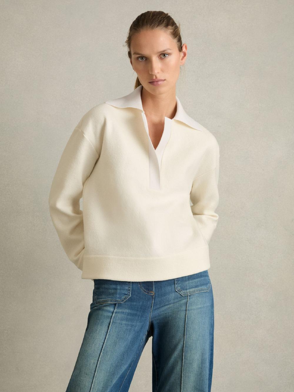 Reiss Wool-Cotton Blend Open-Placket Shirt In Cream
