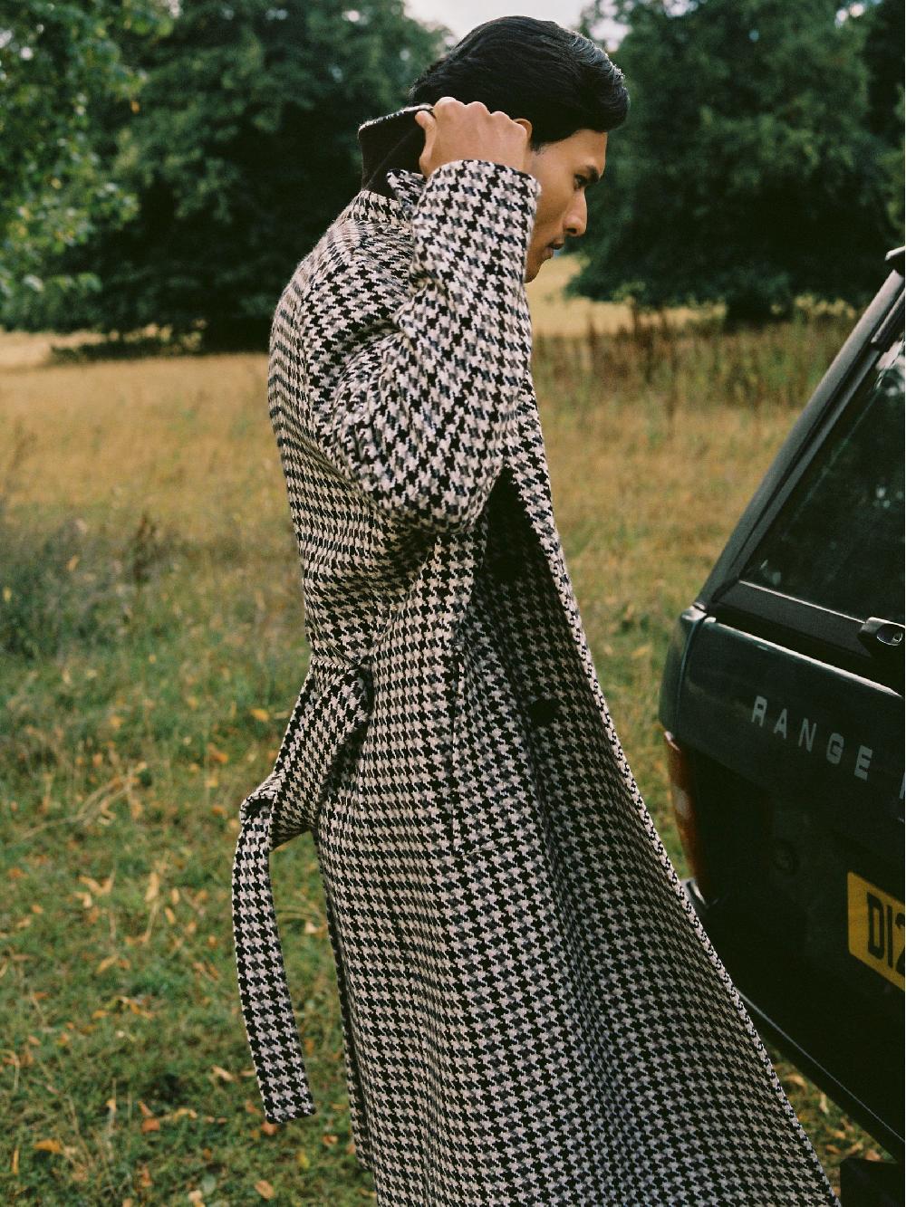 Reiss Wool Dogtooth Double-Breasted Overcoat In Brown Multi