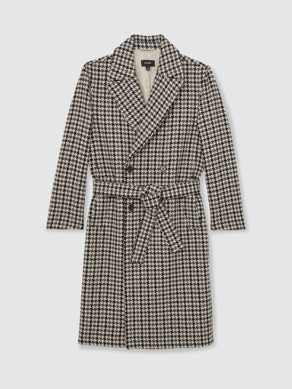 Reiss Wool Dogtooth Double-Breasted Overcoat In Brown Multi