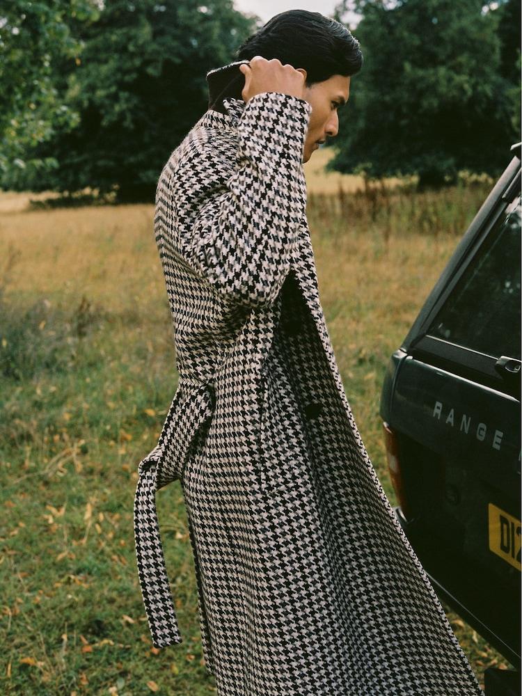 reiss Wool Dogtooth Double-Breasted Overcoat in Brown Multi