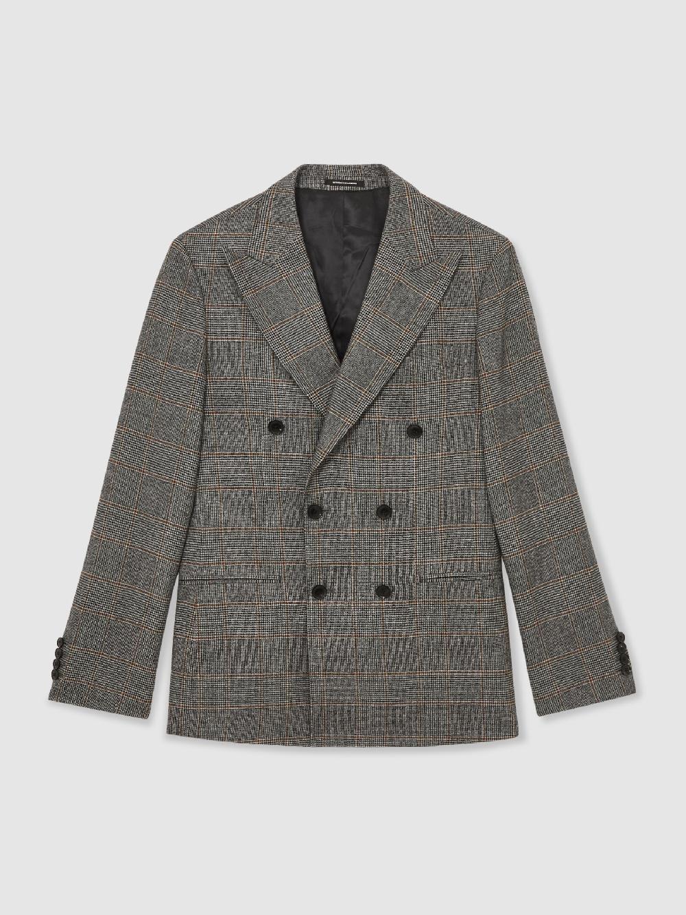 Reiss Wool Double-Breasted Check Tailored-Fit Suit Blazer In Charcoal Grey