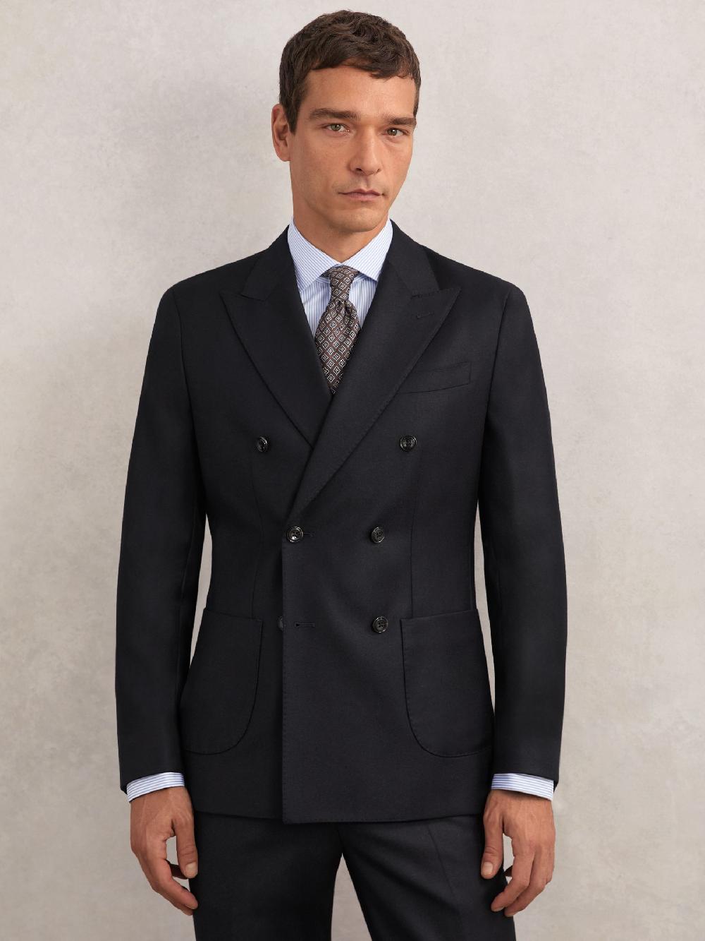 Reiss Wool-Flannel Double-Breasted Tailored-Fit Blazer In Navy