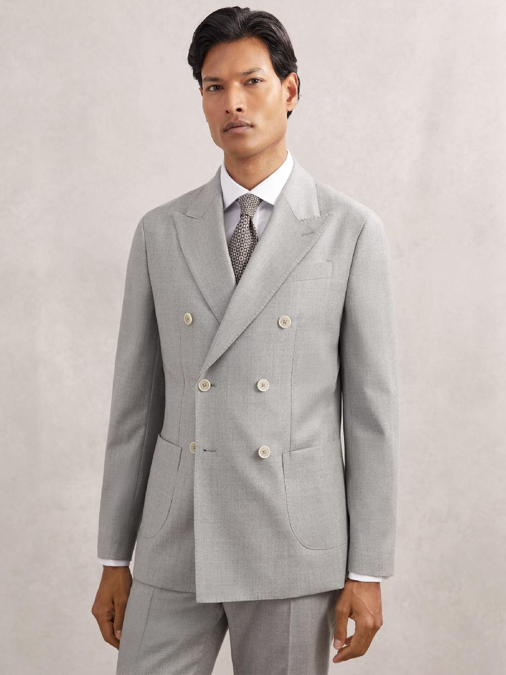 Reiss Wool Flannel Double-Breasted Tailored-Fit Blazer In Soft Grey