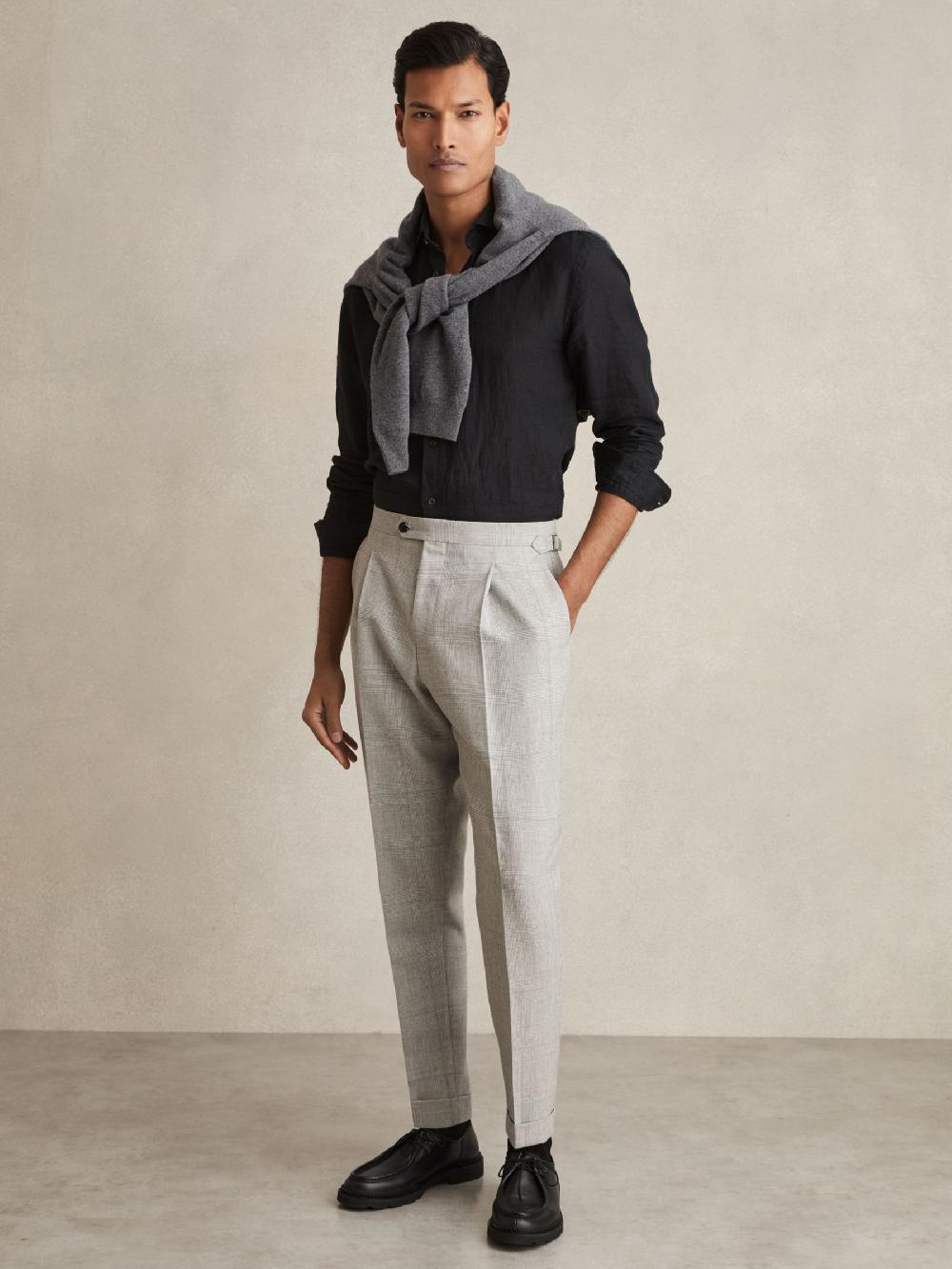 Reiss Wool-Linen Check Tapered Trousers In Soft Grey Melange