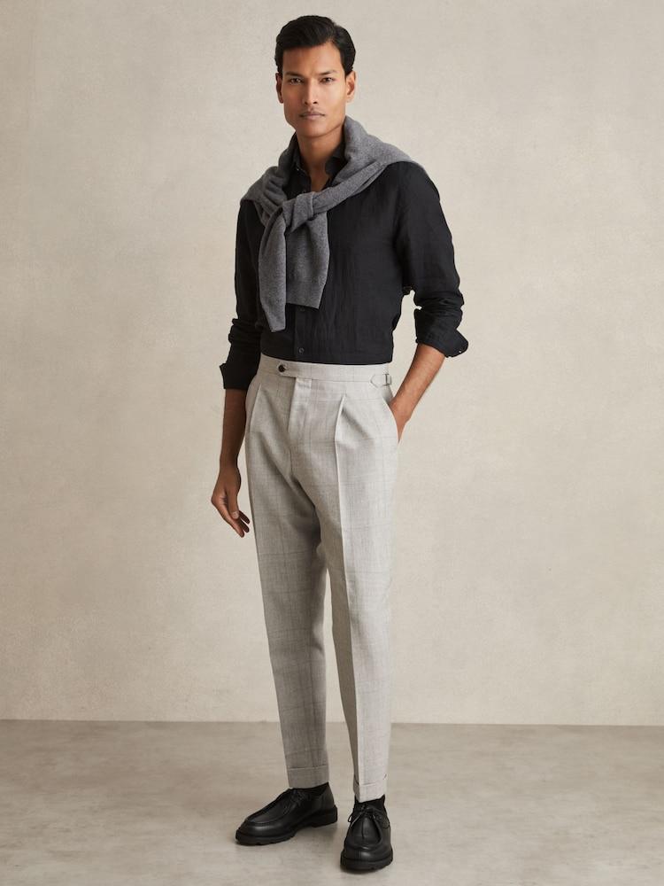 reiss Wool-Linen Check Tapered Trousers in Soft Grey Melange
