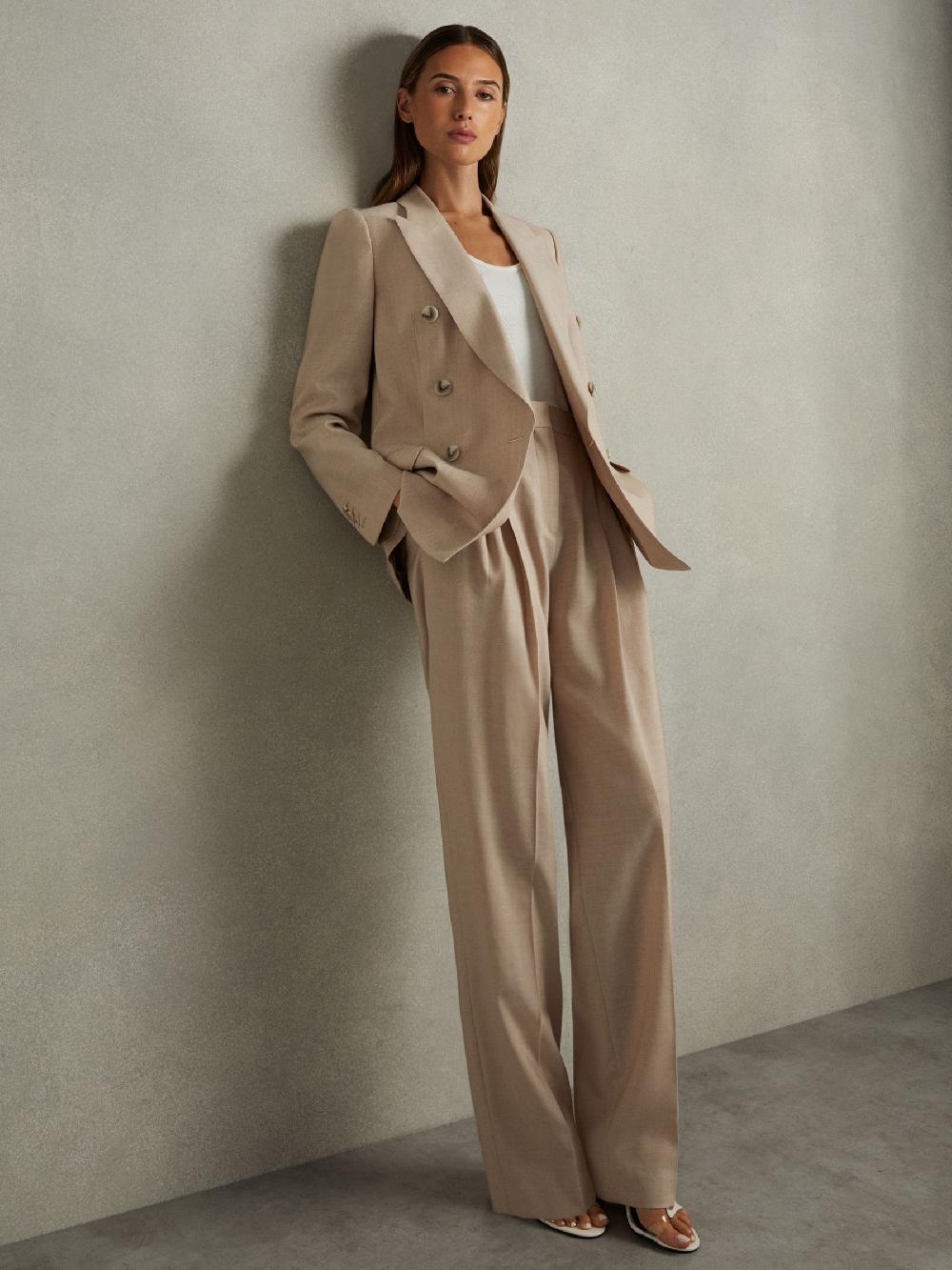 Reiss Wool Pleat Front Wide Leg Suit Trousers In Neutral