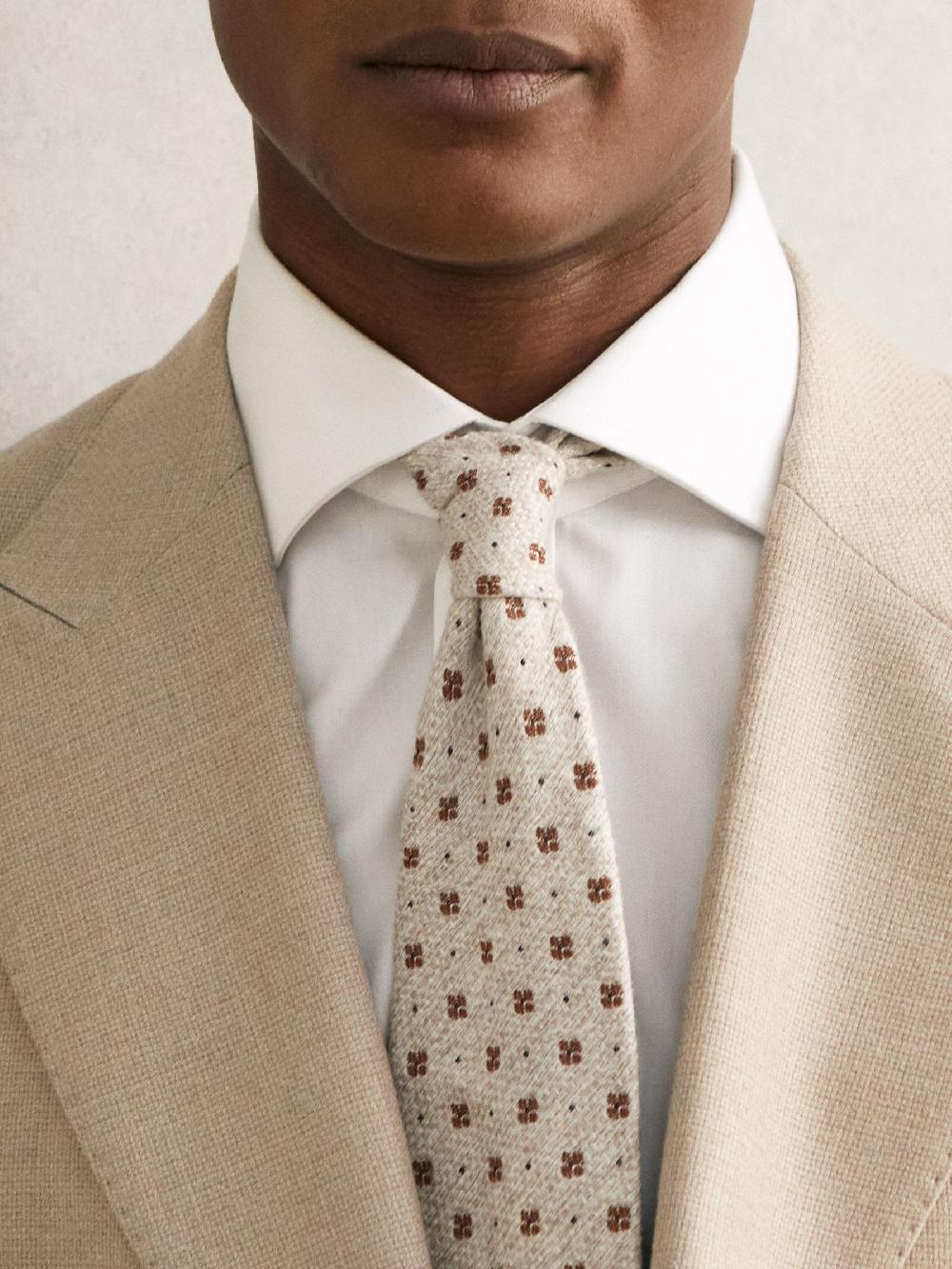 Reiss Wool-Silk Floral-Medallion Tie In Oatmeal Melange