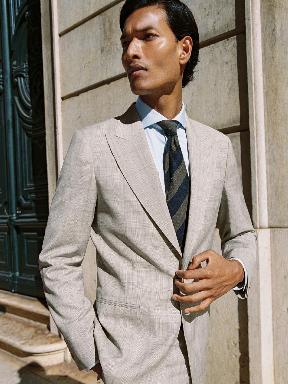 Reiss Wool Single-Breasted Check Suit Blazer Classic-Fit In Oatmeal Brown