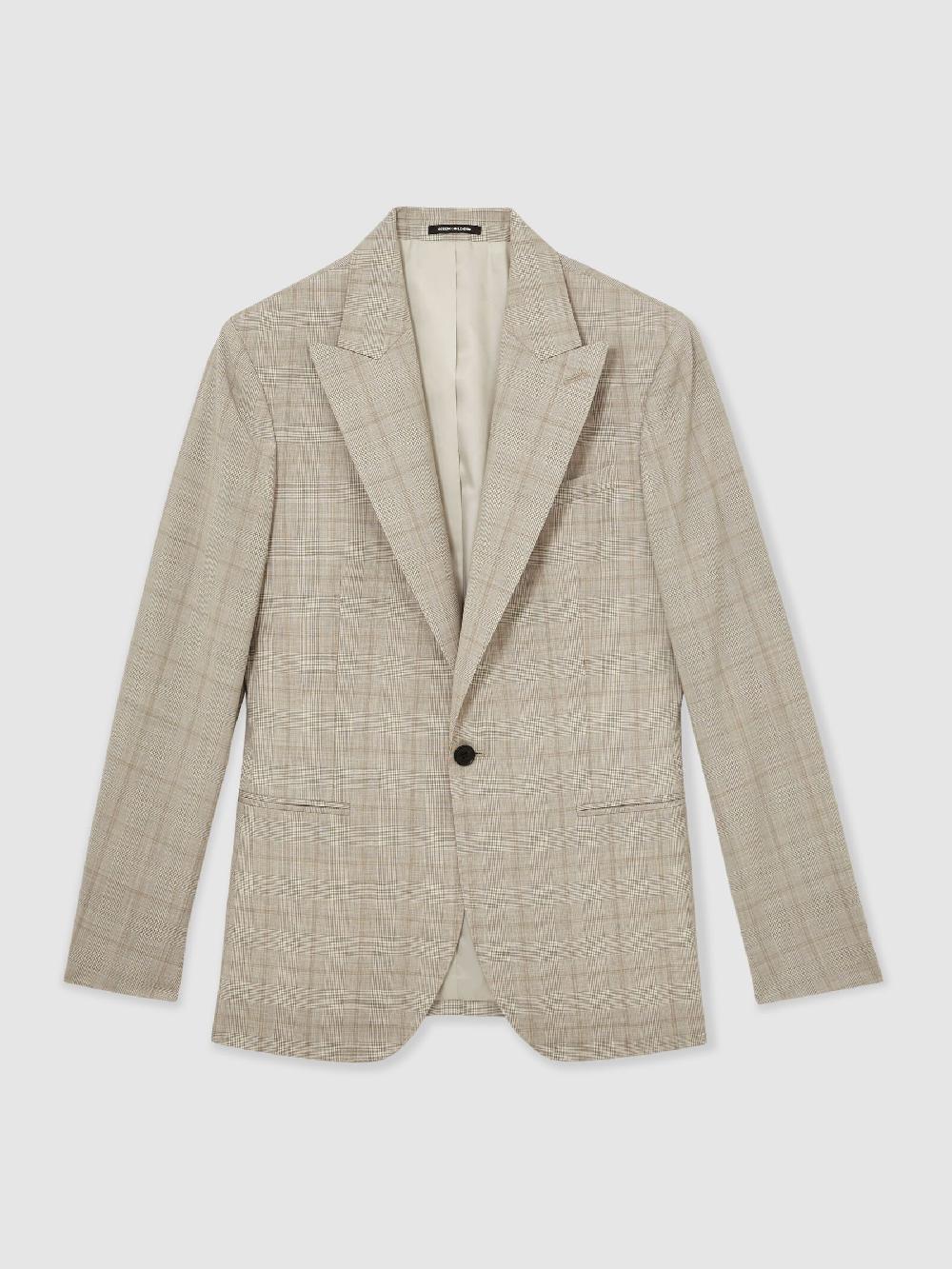Reiss Wool Single-Breasted Check Suit Blazer Classic-Fit In Oatmeal Brown