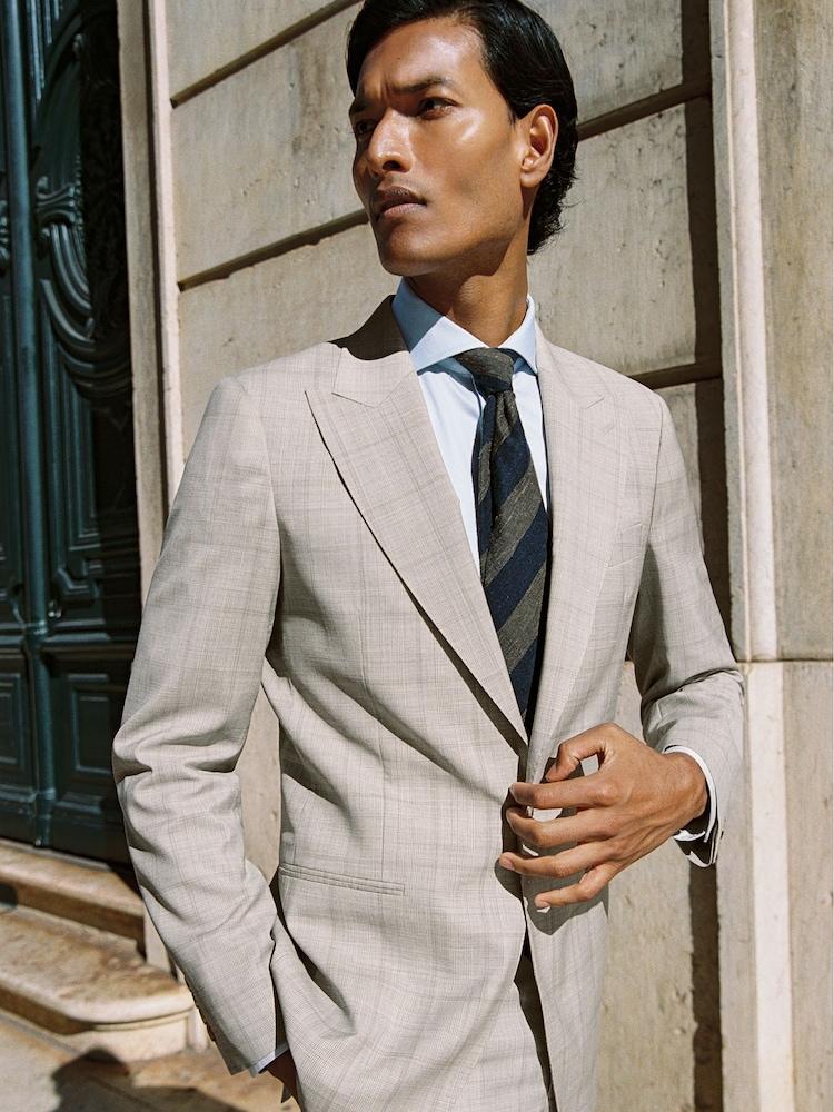 reiss Wool Single-Breasted Check Suit Blazer Classic-Fit in Oatmeal Brown