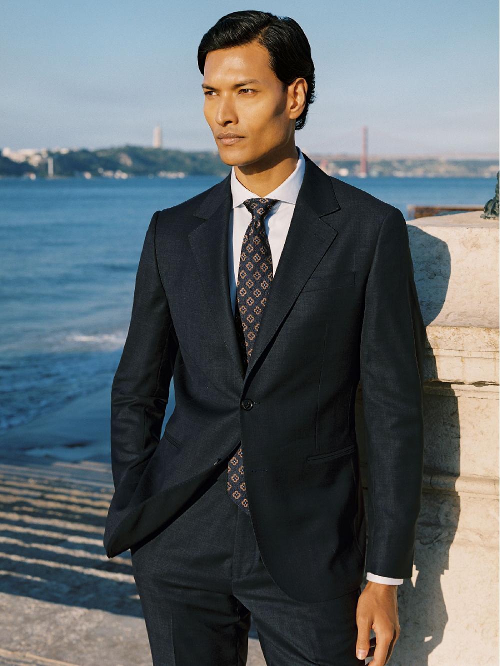 Reiss Wool Single-Breasted Check Suit Blazer Tailored-Fit In Navy