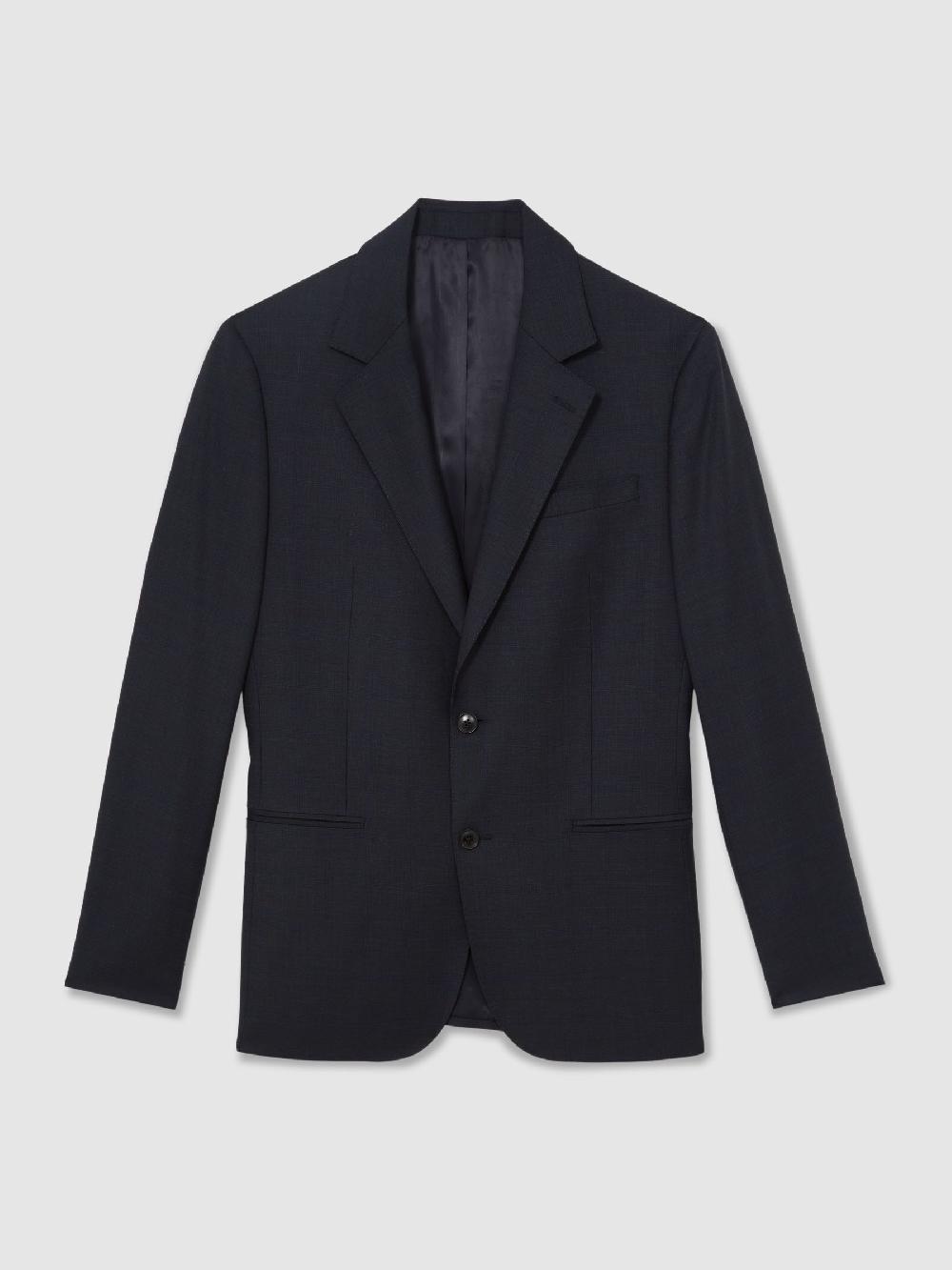 Reiss Wool Single-Breasted Check Suit Blazer Tailored-Fit In Navy