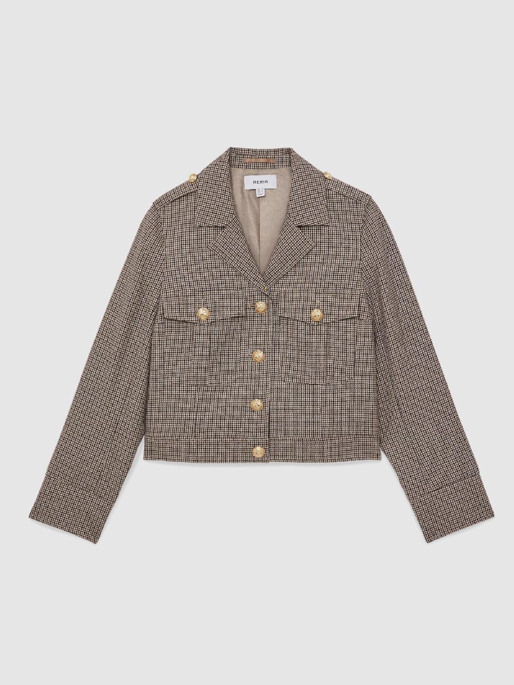 Reiss Wool Twin-Pocket Cropped Jacket In Neutral Check