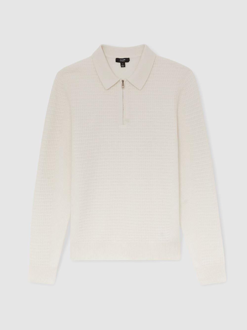 Reiss Wool Waffle-Knit Half-Zip Polo Shirt In Off White