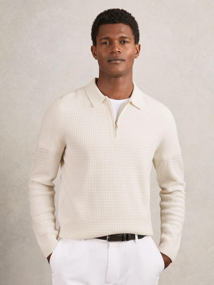 reiss Wool Waffle-Knit Half-Zip Polo Shirt in Off White