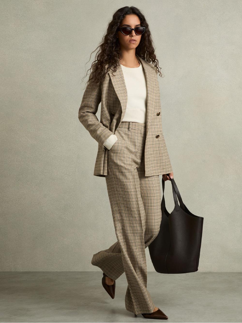 Reiss Wool Wide-Leg Houndstooth-Check Trousers In Brown Check