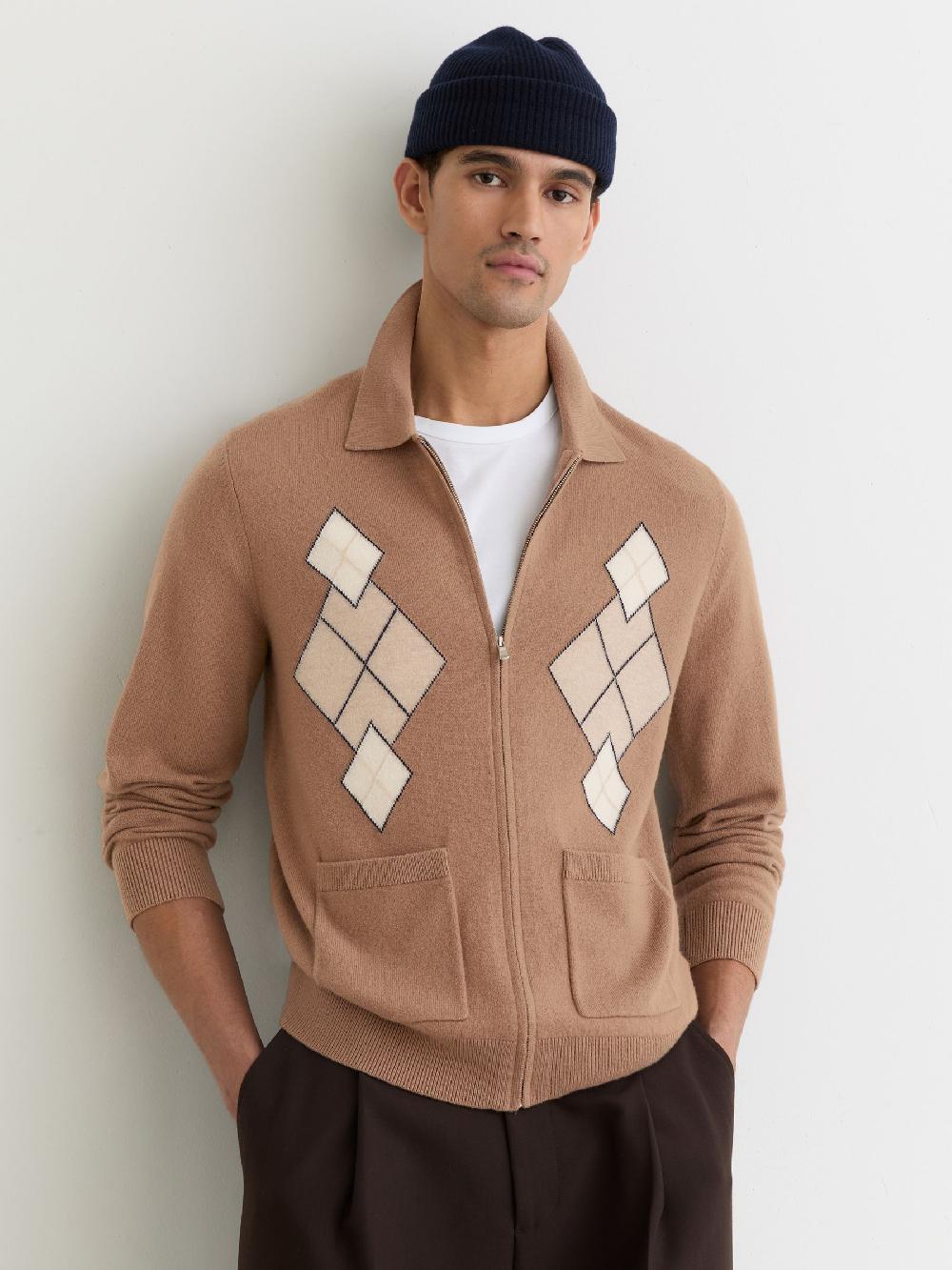 Reiss Wool Zip-Through Argyle Cardigan In Camel Brown