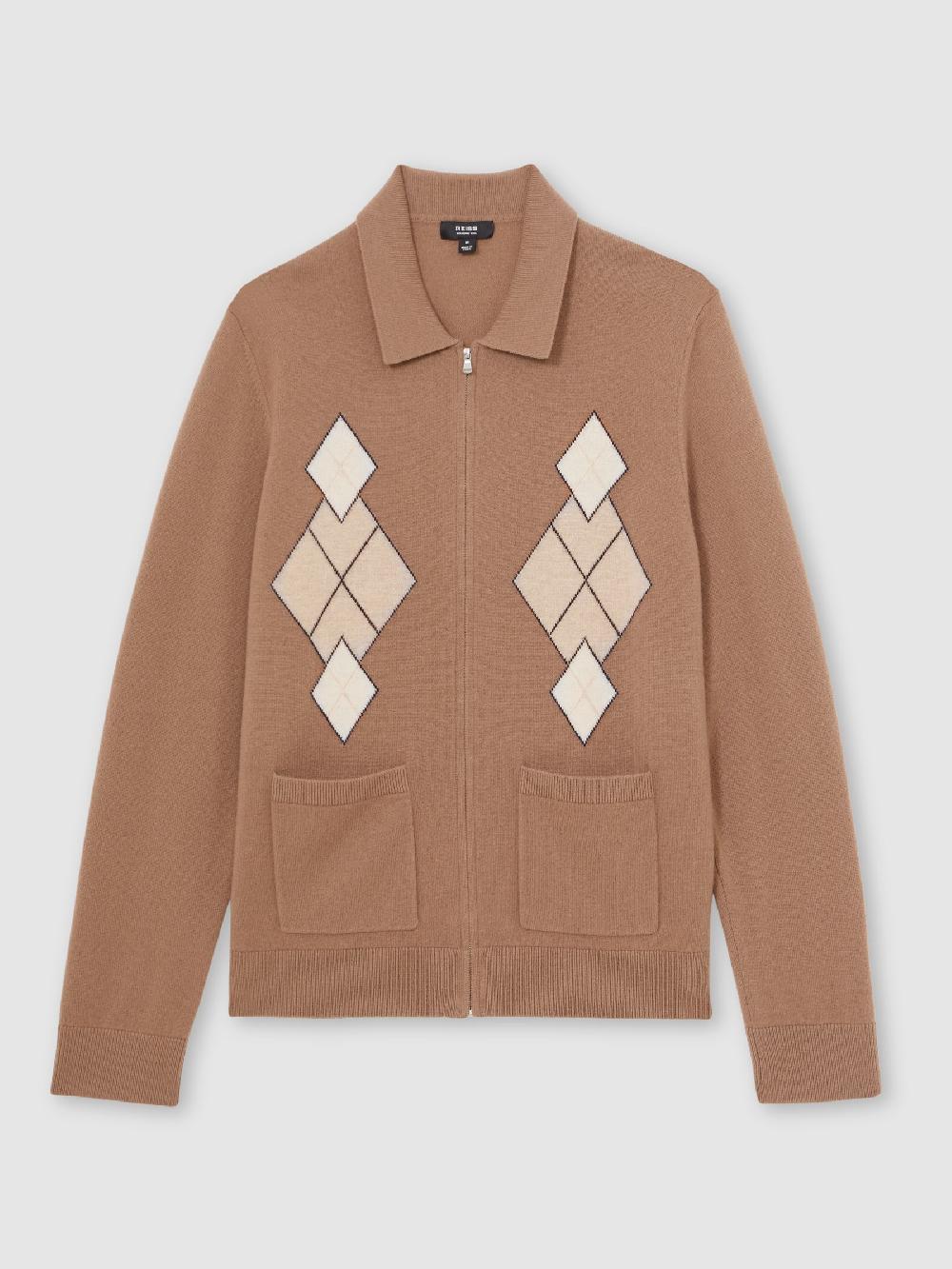 Reiss Wool Zip-Through Argyle Cardigan In Camel Brown