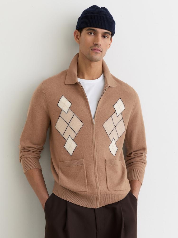 reiss Wool Zip-Through Argyle Cardigan in Camel Brown