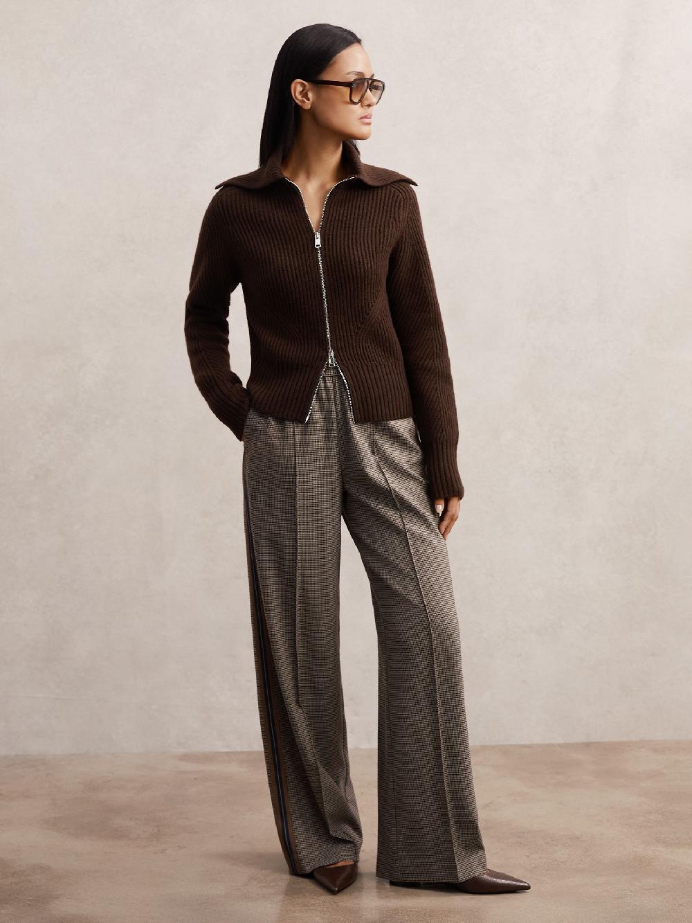 Reiss Wool Zip-Through Rib-Knit Cardigan In Chocolate Brown