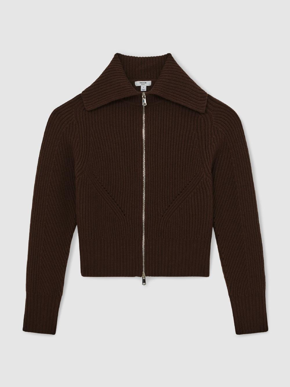 Reiss Wool Zip-Through Rib-Knit Cardigan In Chocolate Brown