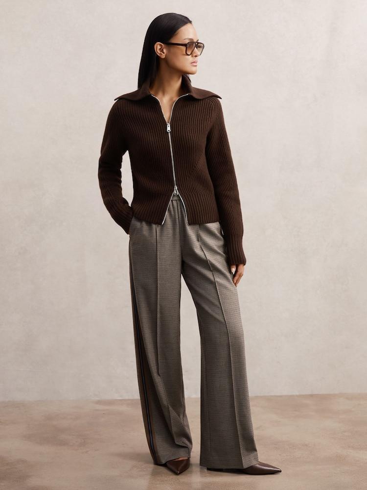 reiss Wool Zip-Through Rib-Knit Cardigan in Chocolate Brown