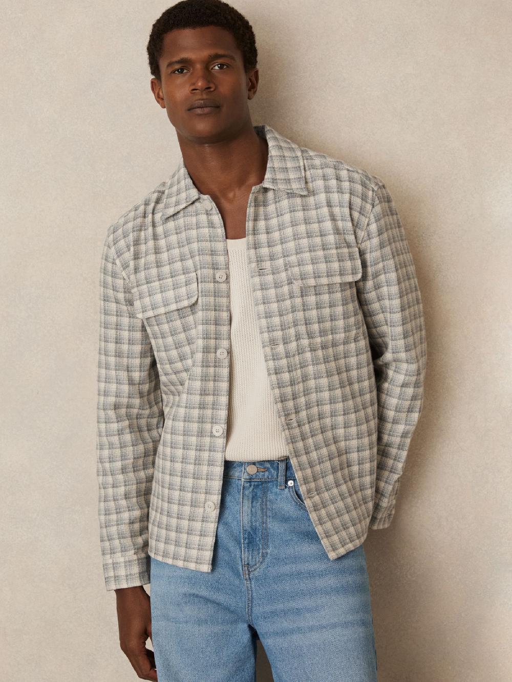 Reiss Woven Check Twin Pocket Overshirt In Light Grey