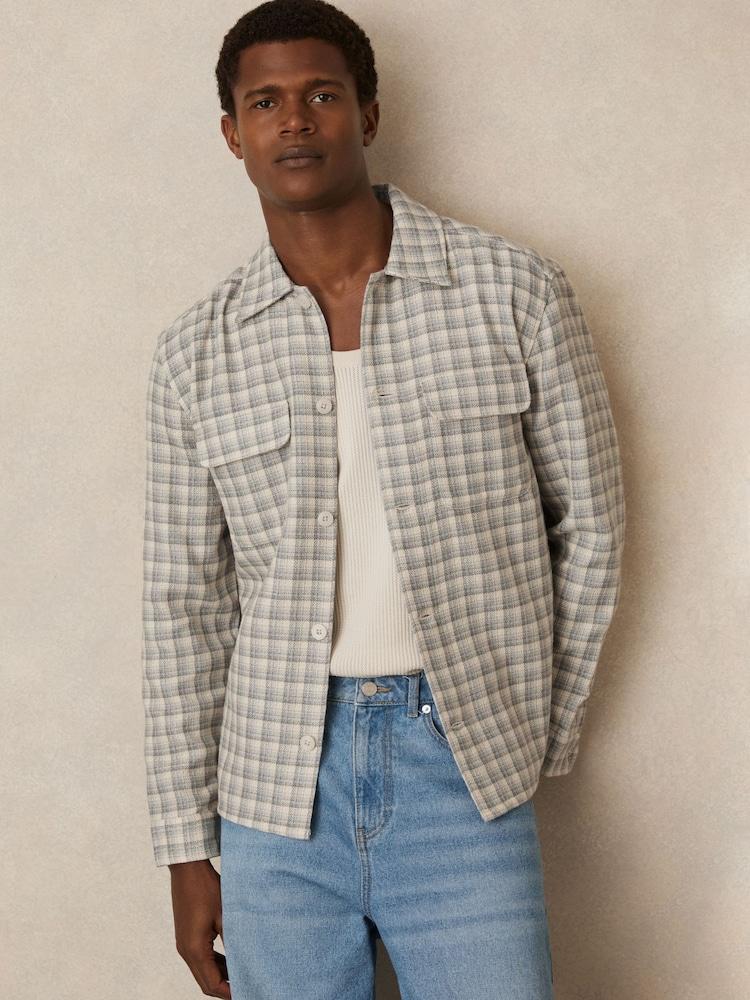 reiss Woven Check Twin Pocket Overshirt in Light Grey