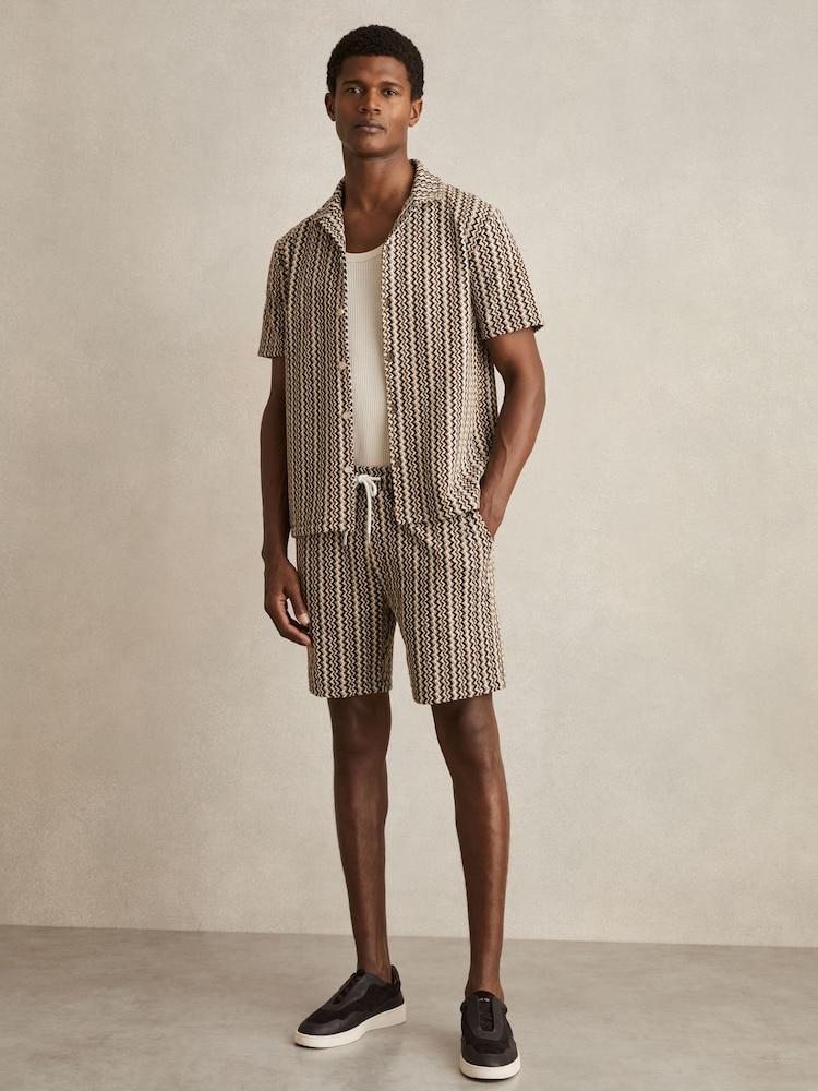 reiss Zig-Zag Knit Drawstring Shorts in Tobacco Brown