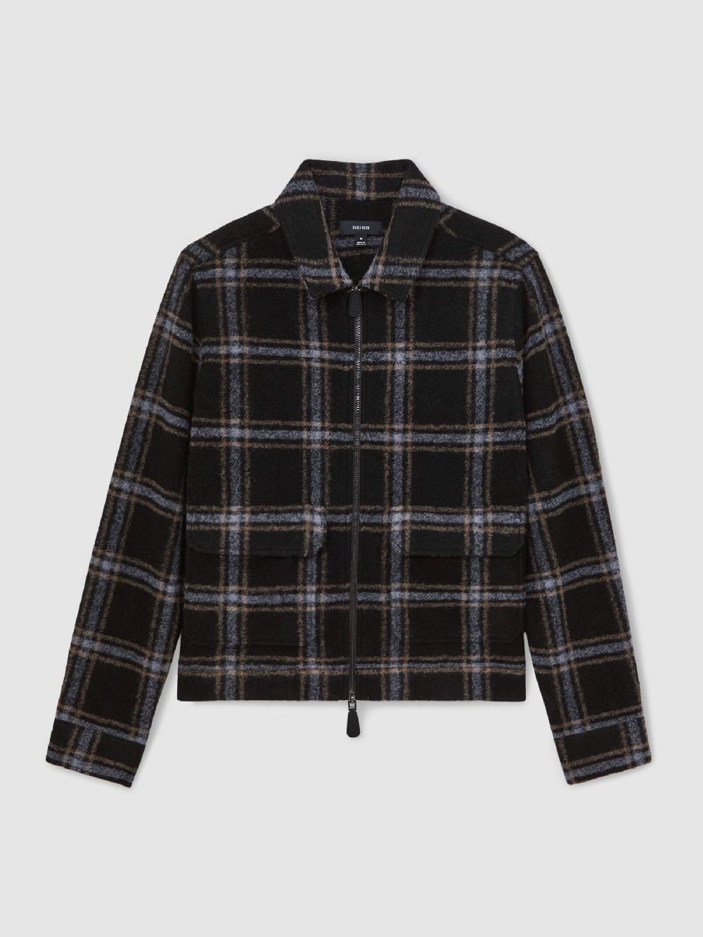 Reiss Zip-Through Check Overshirt With Wool In Navy