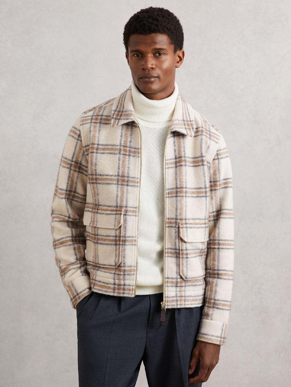 Reiss Zip-Through Check Overshirt With Wool In Stone