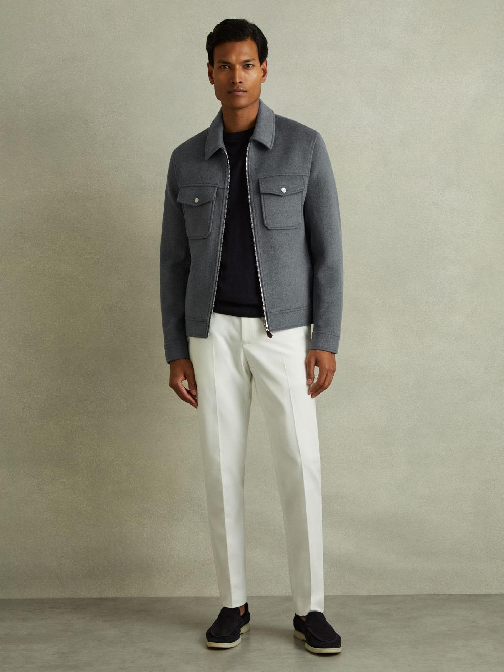 Reiss Zip-Through Trucker Jacket With Wool In Sky Blue Melange