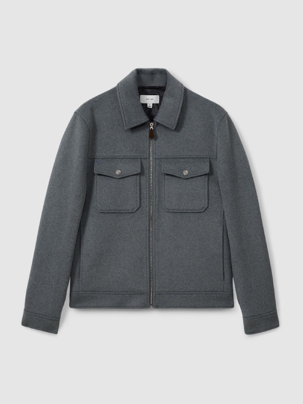 Reiss Zip-Through Trucker Jacket With Wool In Sky Blue Melange