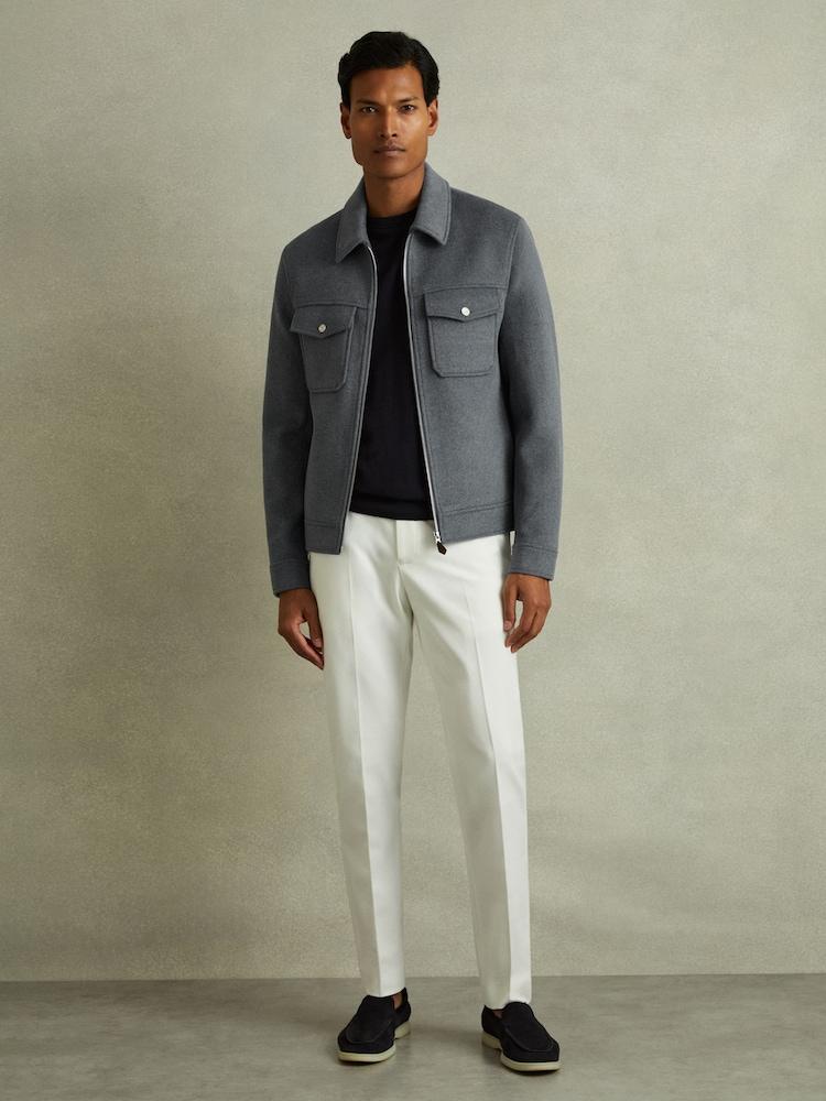reiss Zip-Through Trucker Jacket with Wool in Sky Blue Melange