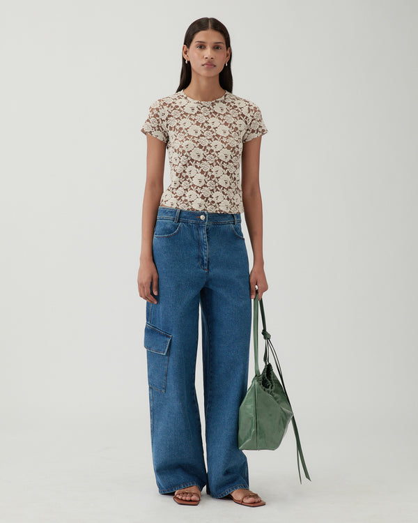 Rejina Pyo Adina T-Shirt Cotton Blend Floral Lace Brown